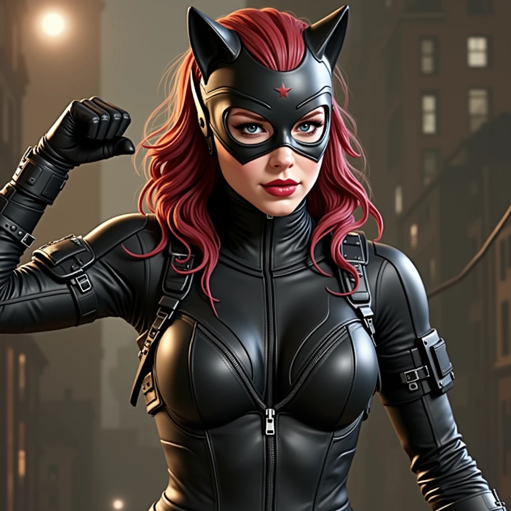 Create a realistic and epic image of a fusion between Black Widow and Catwoman. The character should have:
Face: Combine Black Widow's intense and cunning expression with Catwoman's enigmatic and seductive demeanor, (((creating a face that exudes confidence, mystery, and determination))). Add a piercing gaze and slightly curved lips, highlighting the mix of intelligence and charm.
Hair: Blend Black Widow's wavy red hair with Catwoman's sleek and elegant style, resulting in a hairstyle that is both practical and stylish, with a dark color infused with reddish tones.
Outfit: Design an outfit that combines Black Widow's tactical black uniform with Catwoman's tight leather suit. The design should include details like belts with gadgets, retractable claws, and a touch of red in accessories such as gloves or boots, reflecting the balance between feline agility and combat prowess.
Accessories: Include iconic (((elements like Catwoman's night vision goggles mixed with Black Widow's shock bracelets.))) The suit could feature a utility belt containing both Black Widow's weapons and Catwoman's burglary tools.
Setting and Pose: Position the character in a nighttime urban environment, such as the rooftops of a city lit by neon lights or in a shadowy alley. The pose should be agile and stealthy, perhaps mid-leap or in a combat stance, showcasing her ability to move with precision and speed.
Style: Maintain a realistic style that captures the blend of strength and agility, with a design reflecting both Black Widow's espionage skills and Catwoman's thieving dexterity, creating a figure that is both lethal and seductive.