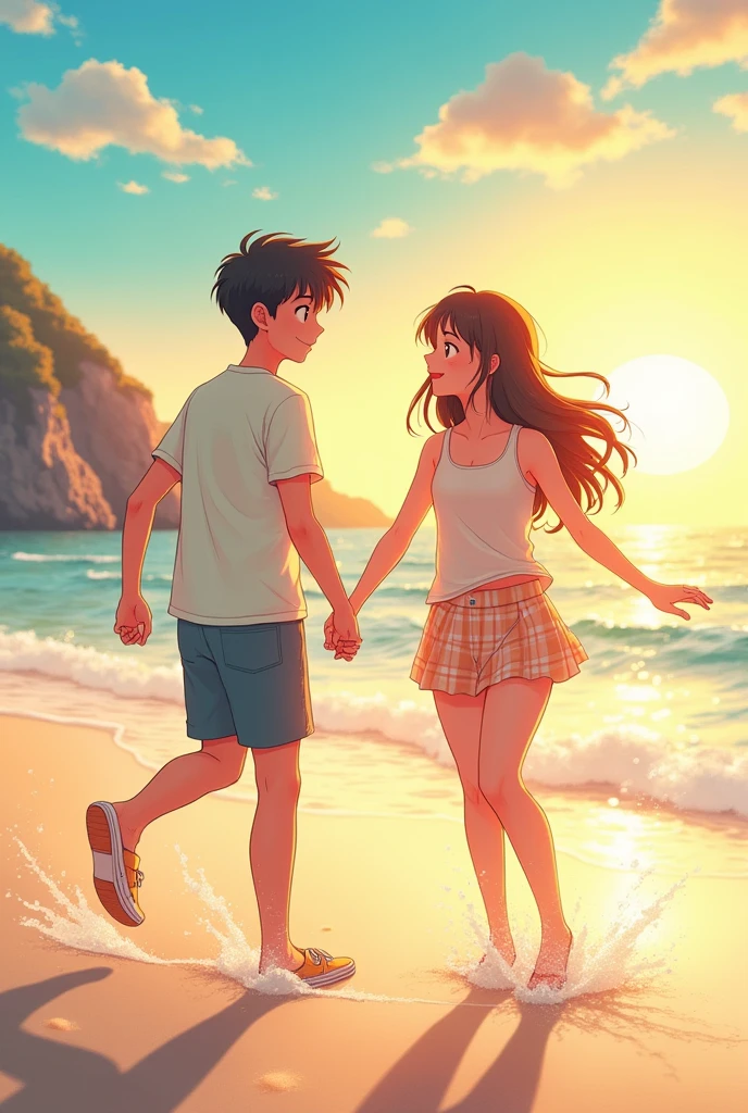 Summer season as an album cover, related to love and a couple of boy and girl in love, playing holding hands on the beach, anime style but for s