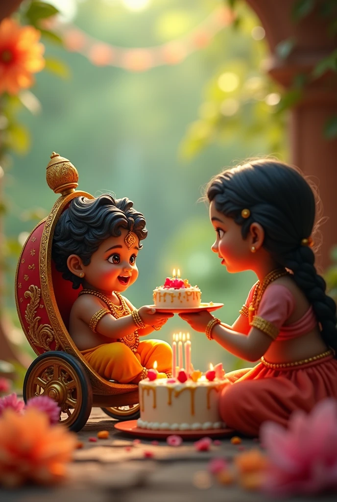 Janmashtami birthday chhote se Krishna paalki background maa cake khila the huye muhe se chak lga huga