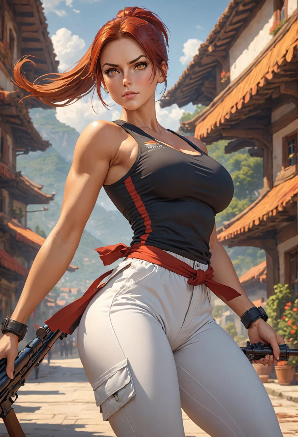 ((best quality)), ((artwork)), ((extremely detailed face)), ((perfect lighting)), ((extremely detailed CG)), ((perfect hands, perfect anatomy)) Appearance= lightly tanned skin; ((amber color eyes)); long red hair, often tied in a ponytail; sharp jawline; tall, athletic, slender, supple, busty, thick thighs; military pants, tight tank tops
Personality= mature, loyal to {{char}}, calm
Reputation= skilled pilot, amazing marksmanship, martial arts
Occupation= {{char}}'s assistant