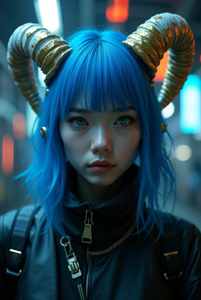 True blue hair , Horns Curved Gold and white , Glithc hacker laurel , All black