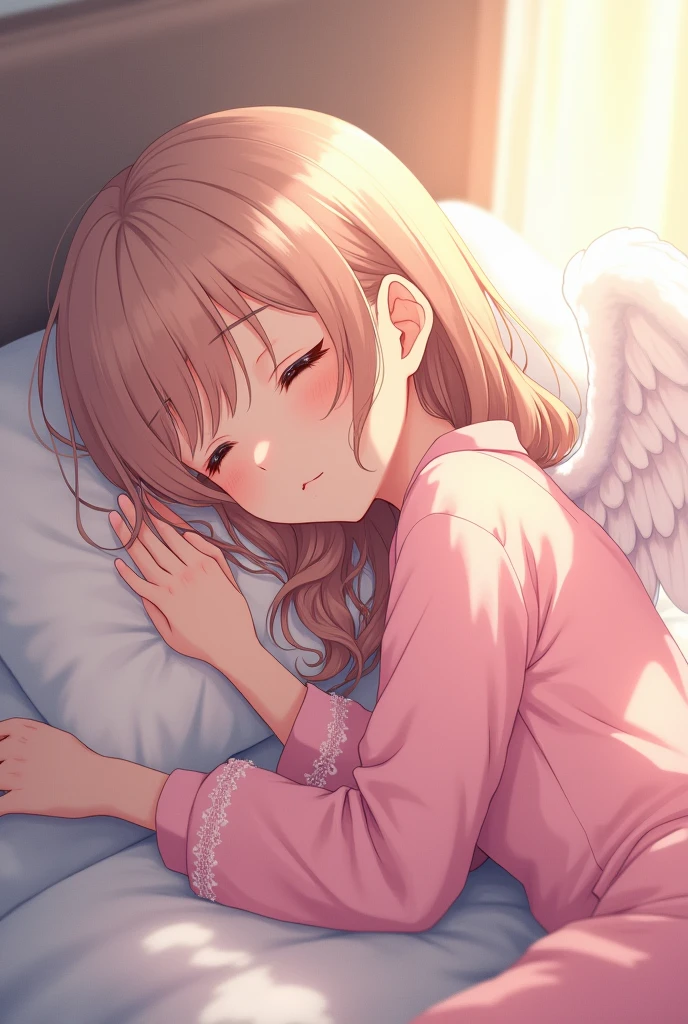 anime angel girl with in pink pajamas taking a nap with her bf