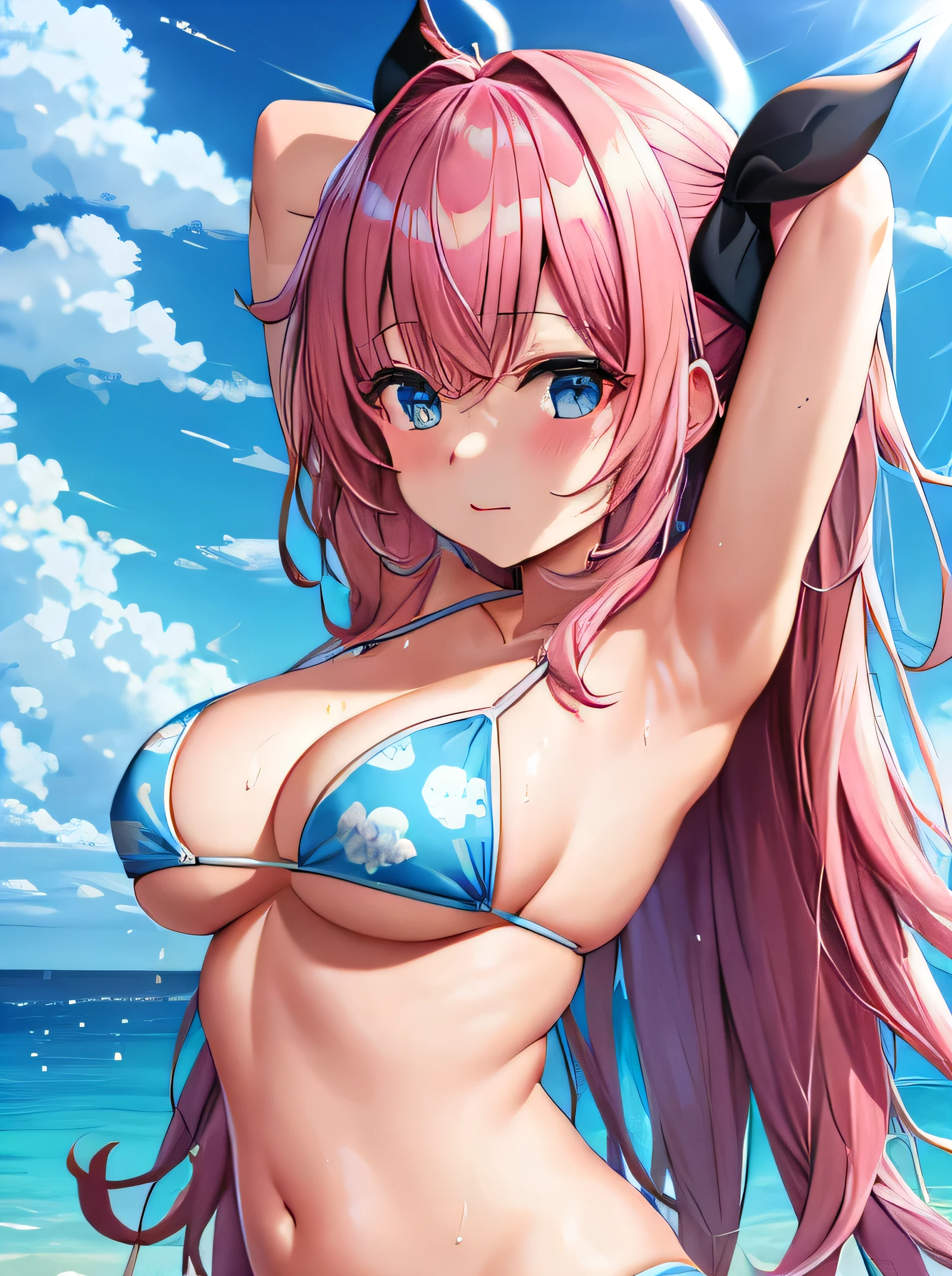 big boob, small bikini, white bikini, squished boob, chubby, belly, big butt, sweaty, cute face, small face, summer, long hair, pink hair, girl, sweaty, blue ocean, blue sky