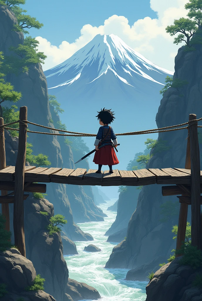 little smaurai hiroshi had to cross this bridge to get to the mountain. even if it's hard, I won't give up!