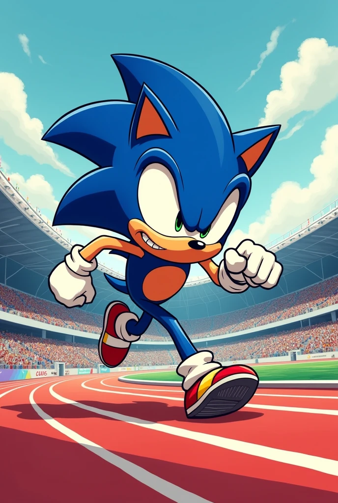 Make me Sonic at the Olympic Games in the athletics category with 90&#39;s Kos drawing style

