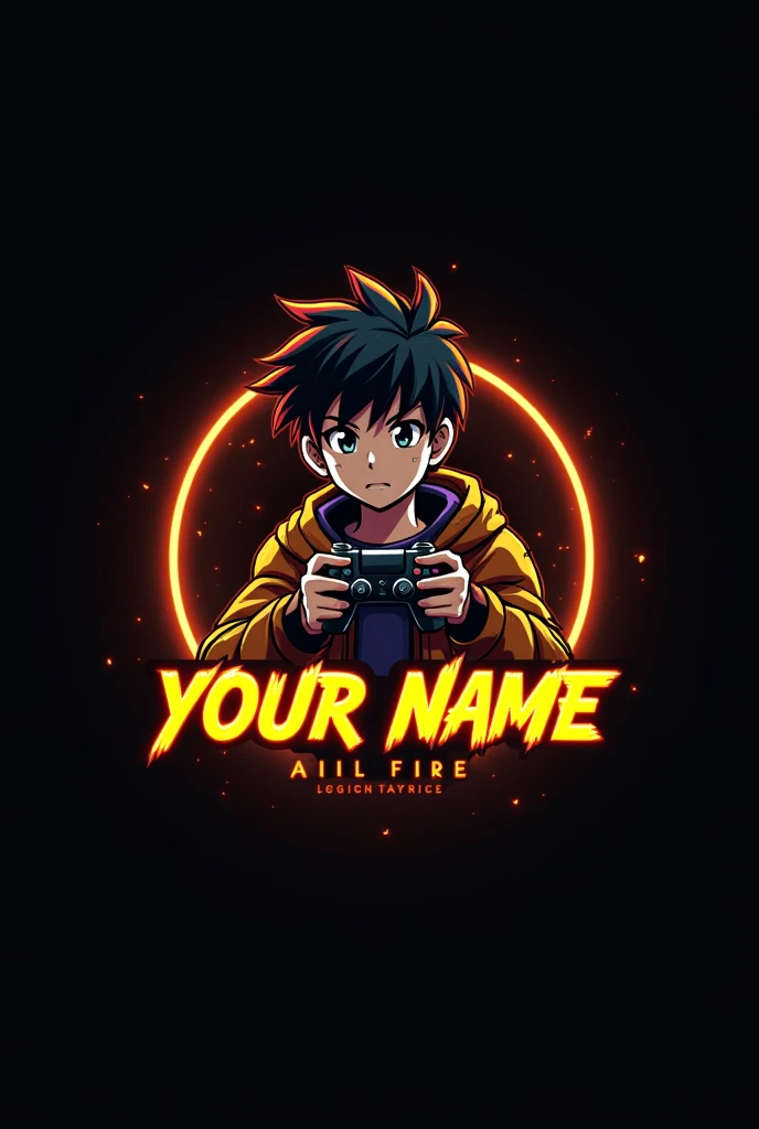 This is a gaming logo that features the name " your name "YUO CAN COUNT ON ME font and a neon Golden color. and Boy Anime avtar, The logo also has a stylized controller icon. The logo is designed to be attractive and eye-catching, and to appeal to gaming enthusiasts and