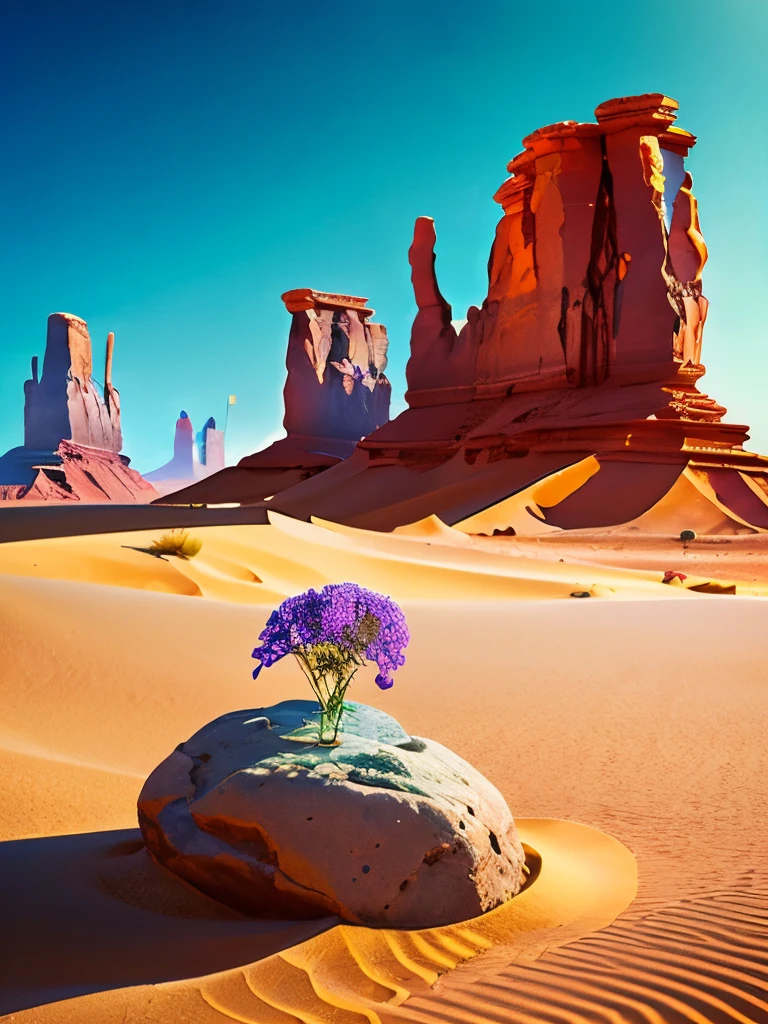 a close up of a flower growing in the sand near a rock, desert flowers, serene desert setting, australian wildflowers, monument valley, gigantic pillars and flowers, beautiful setting, style of monument valley, arizona desert, desert scenery, flowers in foreground, harmony of desert, gorgeous scenery, monument valley landscape, beautiful scenery, australian desert, extremely beautiful and ethereal, wild flowers