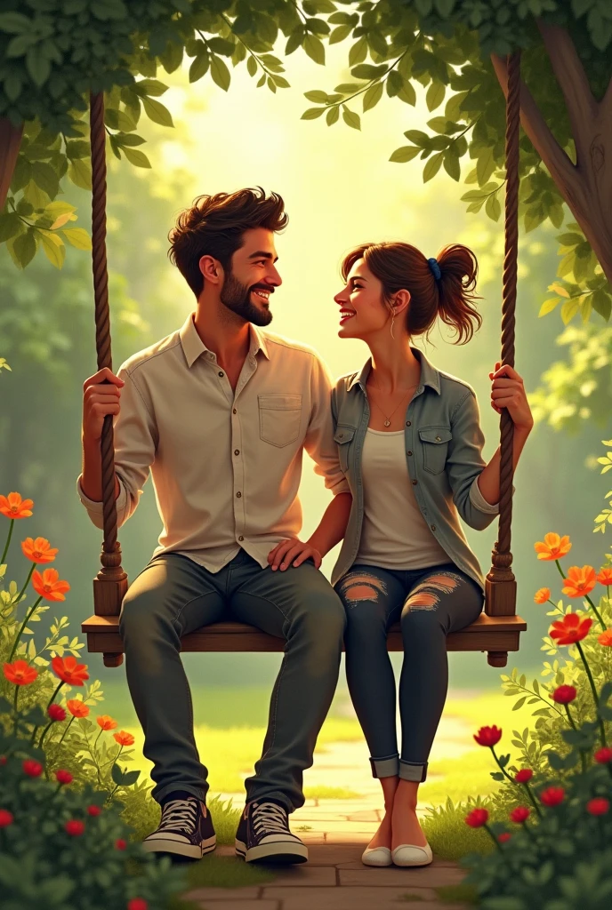 Couple is laughing in their garden sitting on swing