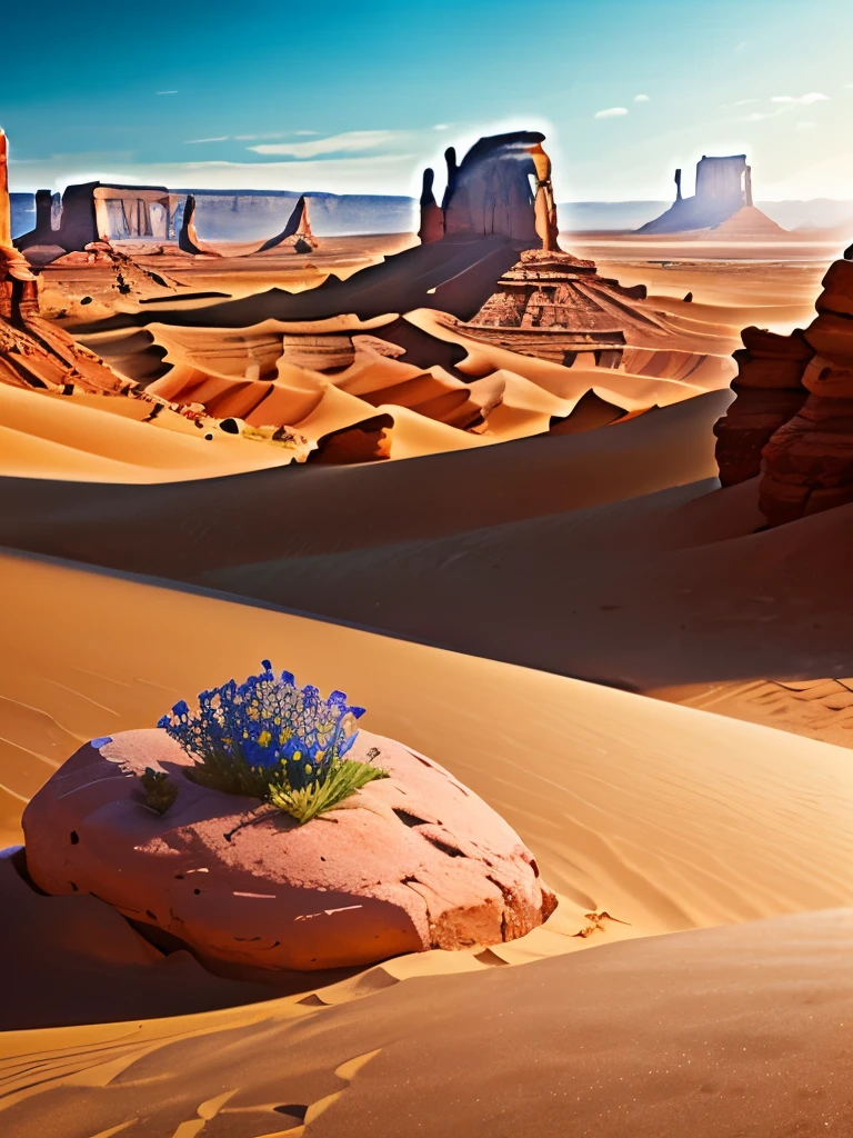 a close up of a flower growing in the sand near a rock, desert flowers, serene desert setting, australian wildflowers, monument valley, gigantic pillars and flowers, beautiful setting, style of monument valley, arizona desert, desert scenery, flowers in foreground, harmony of desert, gorgeous scenery, monument valley landscape, beautiful scenery, australian desert, extremely beautiful and ethereal, wild flowers