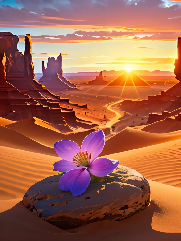a close up of a flower growing in the sand near a rock, desert flowers, serene desert setting, australian wildflowers, monument valley, gigantic pillars and flowers, beautiful setting, style of monument valley, arizona desert, desert scenery, flowers in foreground, harmony of desert, gorgeous scenery, monument valley landscape, beautiful scenery, australian desert, extremely beautiful and ethereal, wild flowers
