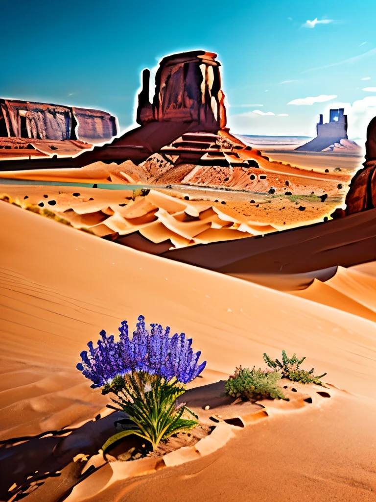 a close up of a flower growing in the sand near a rock, desert flowers, serene desert setting, australian wildflowers, monument valley, gigantic pillars and flowers, beautiful setting, style of monument valley, arizona desert, desert scenery, flowers in foreground, harmony of desert, gorgeous scenery, monument valley landscape, beautiful scenery, australian desert, extremely beautiful and ethereal, wild flowers