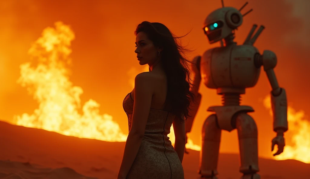 (masterpiece.UHD.photorealistic. Analog photography.1950 stytle)in a dystopian Neo retro futuristic world. A dramatic fiery scene, fire art, dramatic lighting, a voluptuous hourglass body European woman. Full lips.age 23.epic cleavage. (100E size) , detailed intricate face, long flowing hair. Dresses like a 1950 mother. burning flames, intense orange and red colors, strong chiaroscuro lighting, cinematic composition, ultra-detailed, hyper realistic, seamless. In the background a 1930 clunky and rusty evil war robot.