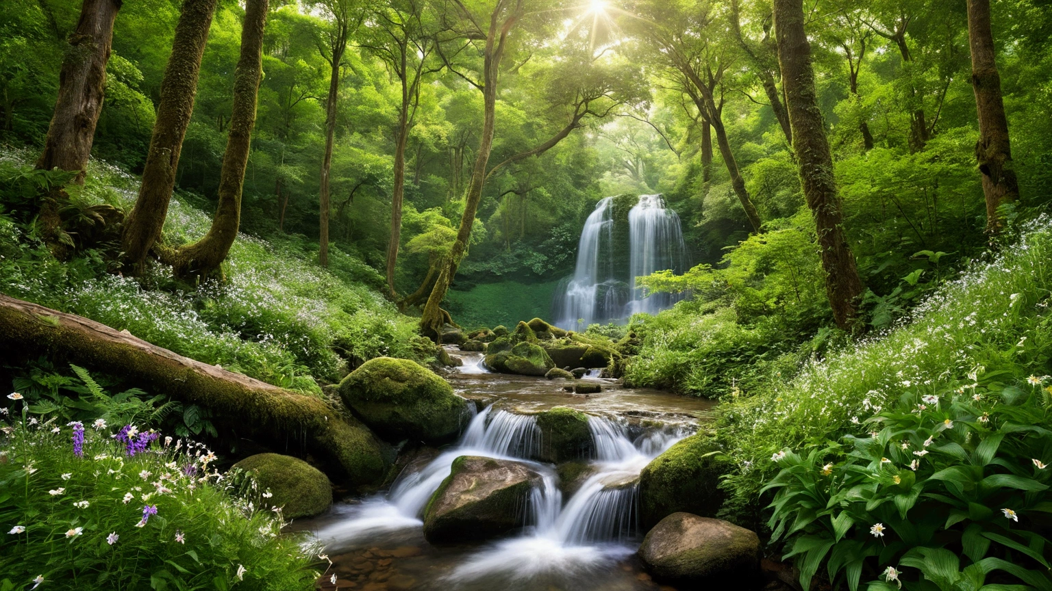 A tranquil, high-resolution image capturing the serene experience of being in a vast lush green forest. Towering emerald trees stretch towards the sky, their dense foliage creating a natural canopy. Sunlight filters through the leaves, casting dappled patterns on the forest floor. Through the gaps in the trees, a clear blue sky with fluffy white clouds is visible. In the distance, two cascading waterfalls—one large and one smaller—pour down gracefully, their white streams blending with the green surroundings. A crystal-clear stream flows gently from the base of the waterfalls, winding through a vibrant carpet of lush grass dotted with colorful wildflowers. A playful squirrel leaps across the scene while birds flutter gracefully among the trees, adding life and movement to this peaceful, nature-filled setting.
