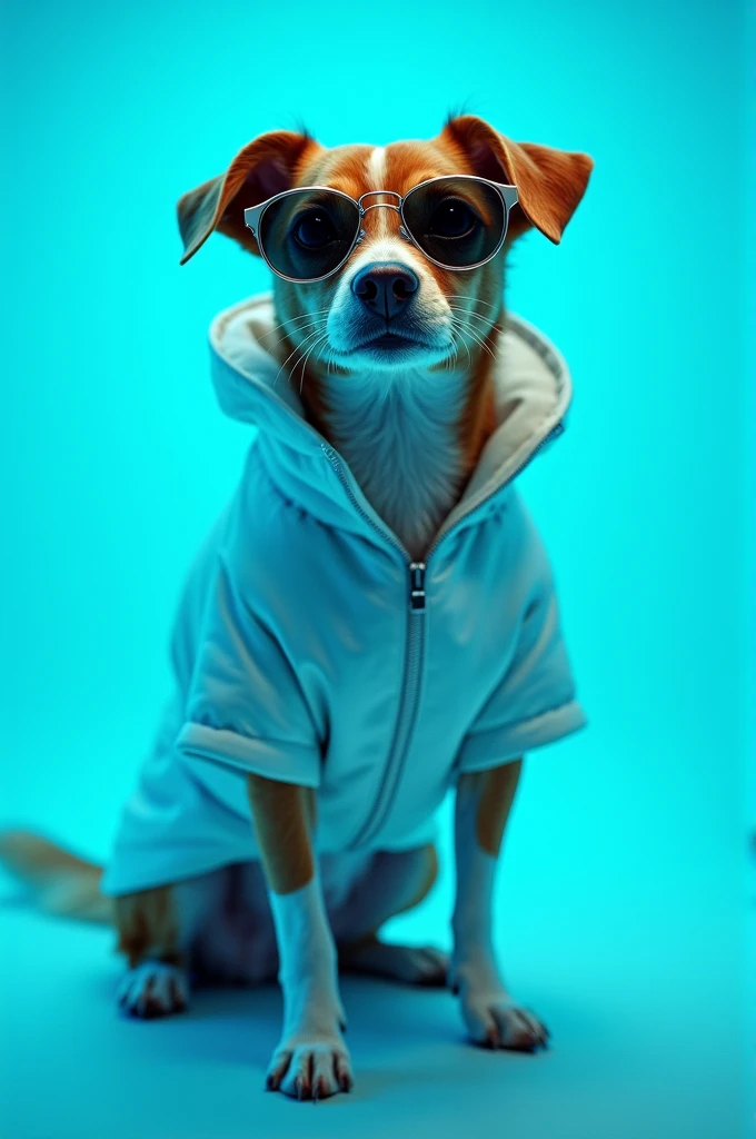 The best cell phone wallpaper, Award-Winning Wallpaper, portrait photography, In the front view is a portrait of a cute dog wearing mid-1960s space age fashion, Side view photo, Shot with Canon EOS R5, Set a strong contrast that accentuates the subject, Fluorescent blue tone, Wearing a very modern coat and sunglasses is a modern 1960s style, Clothes all in one color, beautiful background