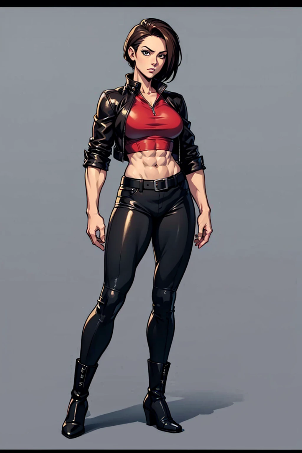 digital anime art, highly detailed, reference sheet, standing pose, feminine features, mature woman, adult female, muscular figure, six pack abs, whole body, bald, form-fitting, leather jacket, polo shirt, folded sleeves, long pants, boots, 1woman, solo, upper body, lower body, ((Extremely Detailed)), ((Best Quality)), ((Masterpiece)), ((4k)).
