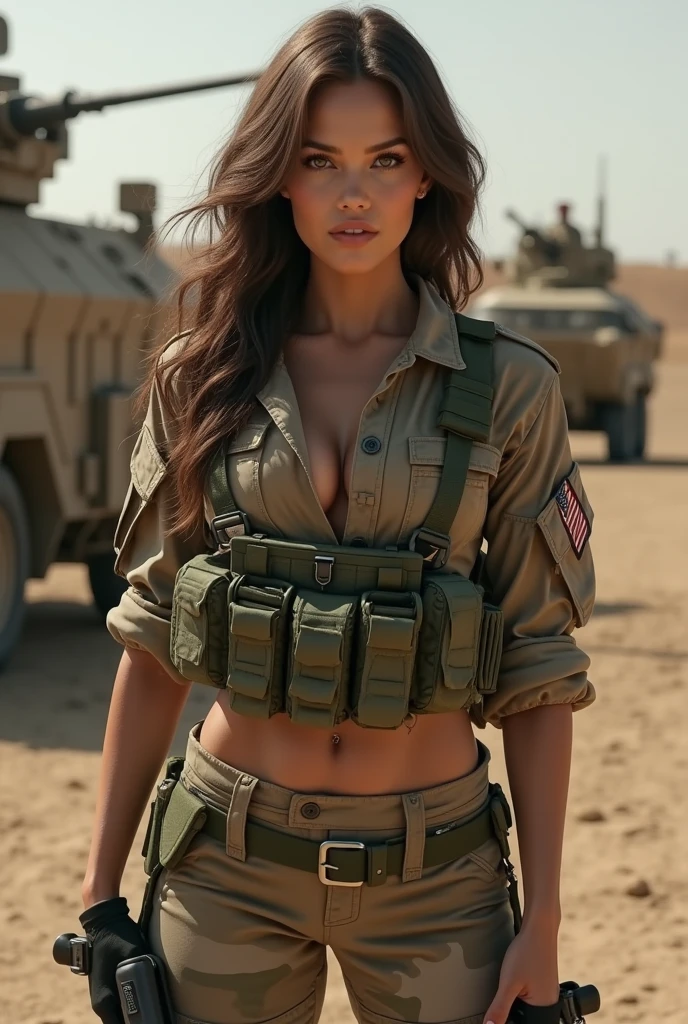 At sunset,Tense atmosphere,best quality, 8K, Ultra-high resolution, (Reality: 1.4), original photo, Dramatic,1 Girl, ((desert camouflage uniform)), Cleavage,Long legs,Blood stains,Blood,Movie Lighting, Standing outside the white tent,Red cross sign on tent,A tall man is next to the girl,bandage,Man grabbing girl's hair,Crowd behind the girl