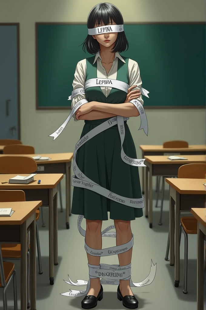 Teacher with blindfold with a white ribbon with the text lepina, her arms tied with a white ribbon that hangs and has the text grow together, Tied feet with a ribbon with the text discipline, In the background an empty classroom with desks and a blackboard 