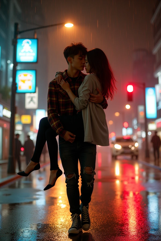 A striking and highly detailed image of a young Korean couple. The man carries the woman with both hands and the woman hugs the man romantically on the side of a busy night street. full body photo. The men wear flannel shirts, ripped black jeans with casual shoes, while the women wear stylish tunics and fitted black pants with no shoes. The city lights and traffic lights illuminated the surroundings, emitting a warm and inviting glow. Dramatic scene. Dramatic light. Rainy conditions. The couple's expressions convey deep connection and passion, as they share intimate moments in a dynamic urban setting. they see the camera