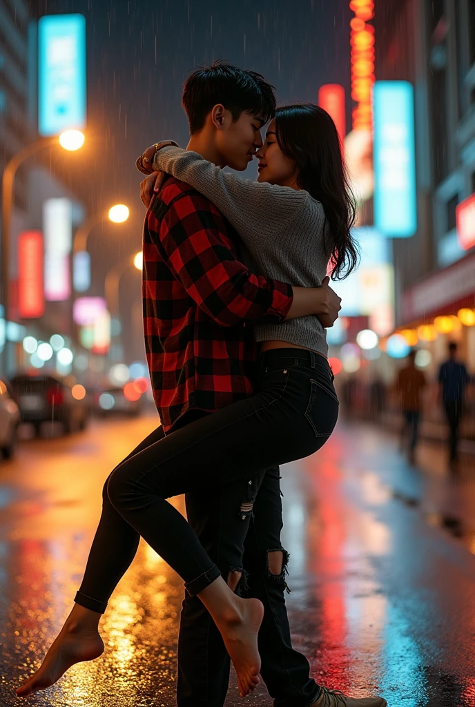 A striking and highly detailed image of a young Korean couple. The man carries the woman with both hands and the woman hugs the man romantically on the side of a busy night street. full body photo. The men wear flannel shirts, ripped black jeans with casual shoes, while the women wear stylish tunics and fitted black pants with no shoes. The city lights and traffic lights illuminated the surroundings, emitting a warm and inviting glow. Dramatic scene. Dramatic light. Rainy conditions. The couple's expressions convey deep connection and passion, as they share intimate moments in a dynamic urban setting. they see the camera