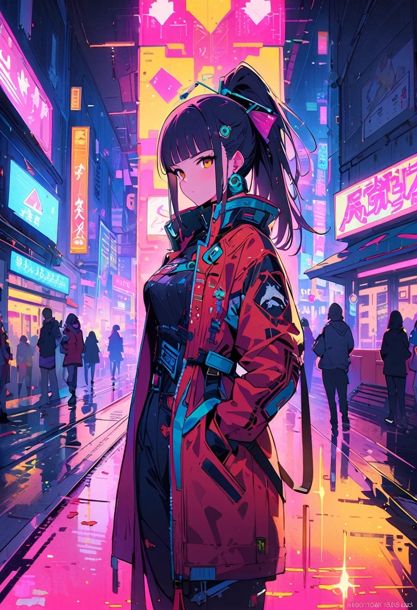 (best quality), (ultrafein), (masterpiece), Illustration, a girl,China-Samurai,cyberpunk, (cyberpunk,Samurai-Costume,Cybernetic implants),ponytail, Hair Accessories, bright colours,dynamic lighting,neon lights,shining city skyline,holographic projection,Fashionable clothing of the future,a mix of traditional and modern elements,Avantgardistisches Make-up,exquisite hairstyle,Self-confidence and determination,Urban environment,Heavy rain,Reflection on wet road,Metall Textur,Mechanical Armor, gorgeous accessories,High-Tech-Gadgets,Impressive cybernetic improvements,Clear focus,Grumpy Details, Overclocked rendering, Cinematic edge light, fine light, masterpiece, super Details, epic work, Ultra-High-Definition, good quality, 32K