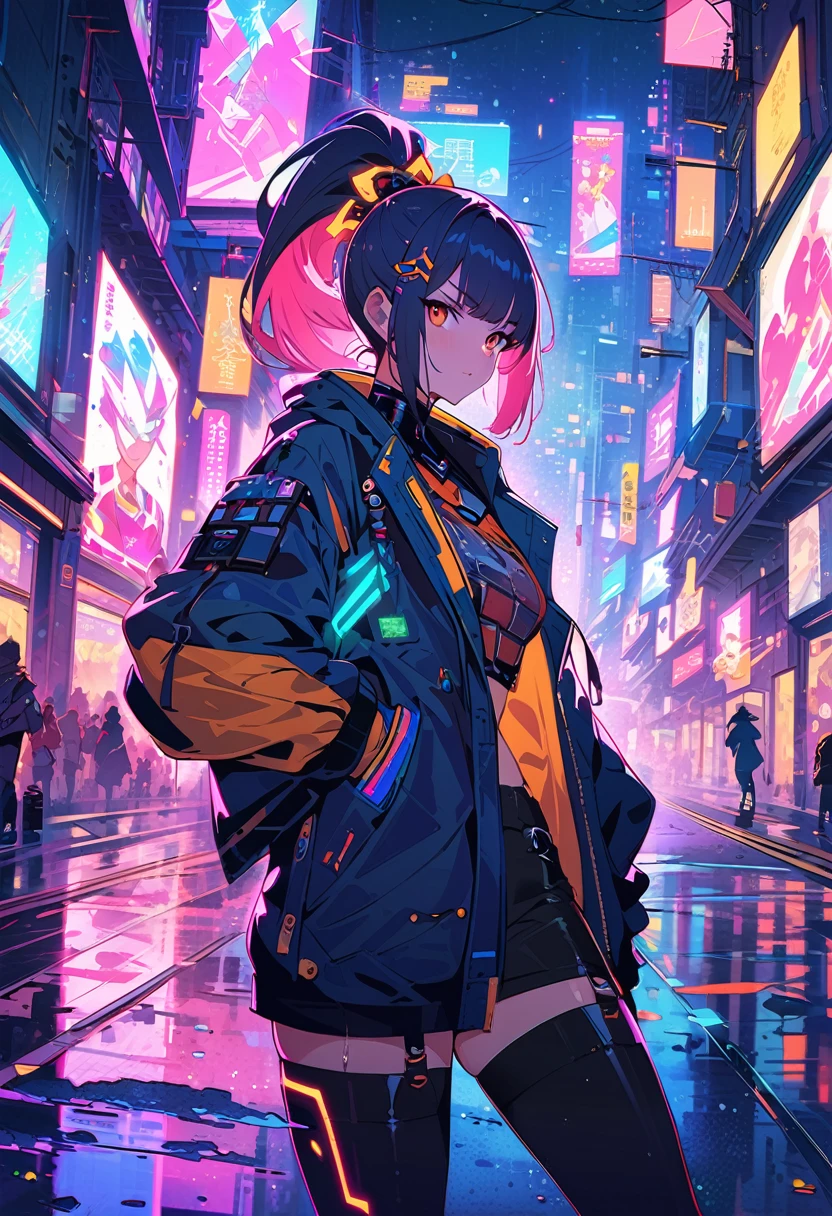 (best quality), (ultrafein), (masterpiece), Illustration, a girl,China-Samurai,cyberpunk, (cyberpunk,Samurai-Costume,Cybernetic implants),ponytail, Hair Accessories, bright colours,dynamic lighting,neon lights,shining city skyline,holographic projection,Fashionable clothing of the future,a mix of traditional and modern elements,Avantgardistisches Make-up,exquisite hairstyle,Self-confidence and determination,Urban environment,Heavy rain,Reflection on wet road,Metall Textur,Mechanical Armor, gorgeous accessories,High-Tech-Gadgets,Impressive cybernetic improvements,Clear focus,Grumpy Details, Overclocked rendering, Cinematic edge light, fine light, masterpiece, super Details, epic work, Ultra-High-Definition, good quality, 32K