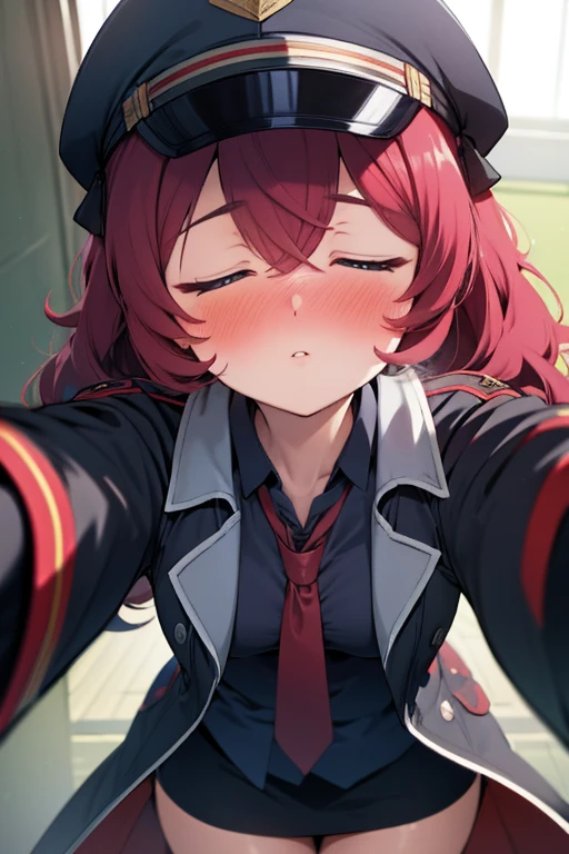 masterpiece, best quality, ultra-high-detailed, blush, (Nose Blush:1,2), (embarrassed, blush:1.3), leaning forward, closed eyes, close up, face focus, Incoming hug,
1girl, Girl, natsume iroha, long sleeves, armband, black shirt,red hair,red necktie, military uniform,small breasts, pencil skirt, long coat,
pov,