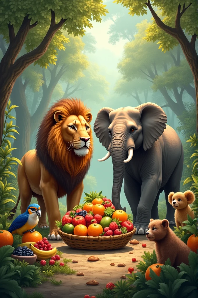 A scene of the lion and elephant distributing fruits to the animals.**