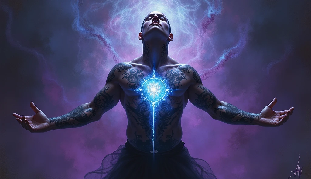 An exquisite dark fantasy painting depicting a mysterious figure revealing forgotten abilities. The figure, adorned with intricate tattoos, has their arms extended, revealing a glowing, mystical symbol. The background is a blend of deep purple and dark blue, with swirling patterns that evoke a sense of otherworldly magic and mystique., painting, dark fantasy, typography hy