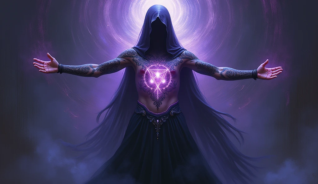 An exquisite dark fantasy painting depicting a mysterious figure revealing forgotten abilities. The figure, adorned with intricate tattoos, has their arms extended, revealing a glowing, mystical symbol. The background is a blend of deep purple and dark blue, with swirling patterns that evoke a sense of otherworldly magic and mystique., painting, dark fantasy, typography hy