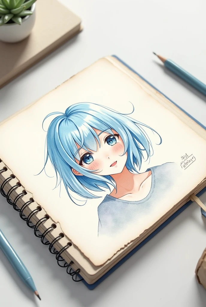 Make me an image of a SketchBook and inside this same one a drawing with watercolors of the character AI Hoshino