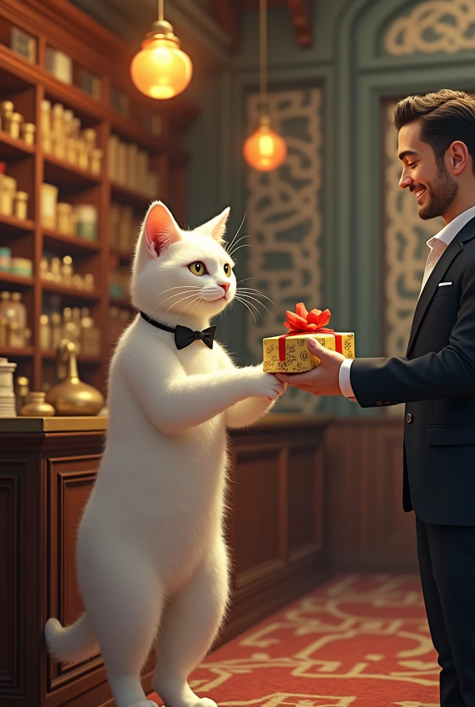 A  white cat in clothes standing inside a beautiful lottery shop receiving a prize bound from man.