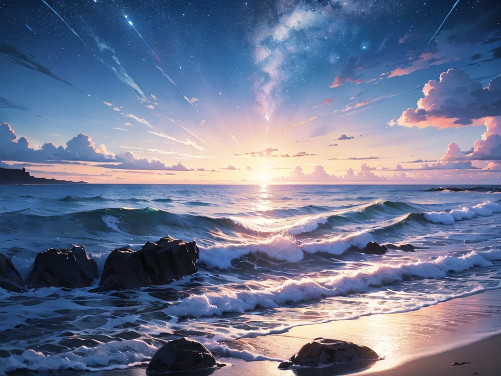 A beautiful, pale blue sea,night,A beautiful planet seen behind,pc wallpaper