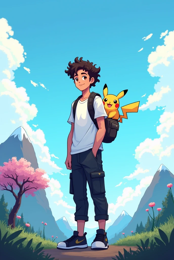YouTube channel banner,theme pixelated blue sky with clouds,and a guy with curly hair,black cargo pants,white t shirt with a ganger Pokemon backpack.angle is the character in middle photo taken from back side and about 8feet away,more back and a little higher altitude make the angle more back and a Pikachu backpack make it more farr make the character straight and make the image atleast 20 feet away make the backpack a little small and expand the image with a mountain with some snow on top on the left side and a blossom tree at right side make it pixelated and a Pikachu backpack and black Jordan shoes,shoes is solid black make the Pikachu smiling and more cute and he has a skateboard in his left hand,make the skateboard matching to the environment make the image straight and pixelated and a little far back remove skateboard and make backpack a little small and make the image in 16:9 ratio make the character straight and the whole backpack is Pikachu theme make the image pixelated and hair curly and the character straight and about 20 feet away from the backside make the character face straight and the photo is taken from backside make him tall and no skateboard  same image just a little back and remove backpack no backpack make it pixelated and remove the Pikachu backpack  more back and make the character straight and tall about 20 feet away 
Pixelated pixel and the boyis facing front side
No make the boy face front side and the image is taken from 20 feet away backside and a little higher altitude 
Don't make him face side ways
A little higher
Not sideways straight just straight 
He is facing front side
Another one with a blossom tree on right side he is facing backside
Expand this same image make it more pixelated 