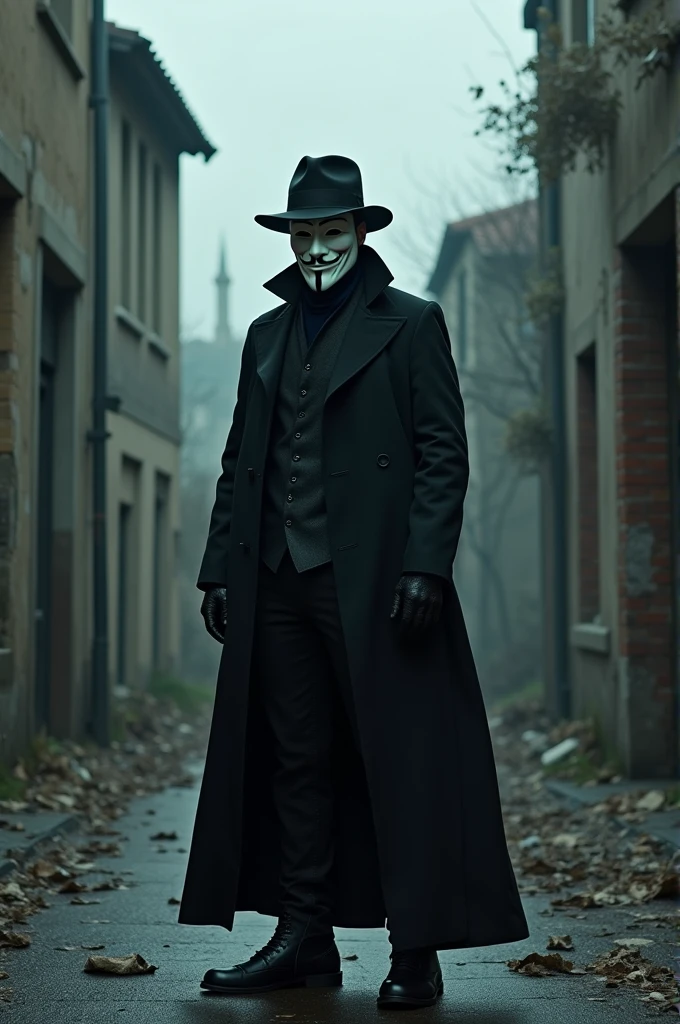 A photo of the hero from the movie 'V for Vendetta' standing on a dark, horror-themed street. The hero is wearing a Guy Fawkes mask and a long coat. The background contains a dilapidated. The street is paved with cobblestones.