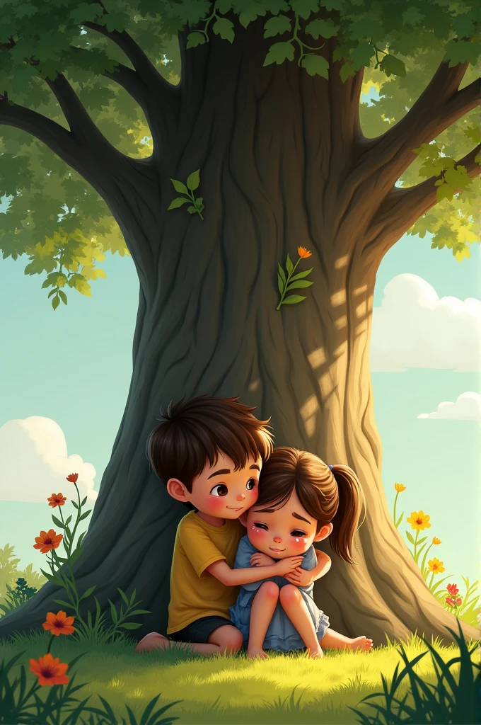 A boy and a girl sitting under a big three .the boy hug the girl because she is crying