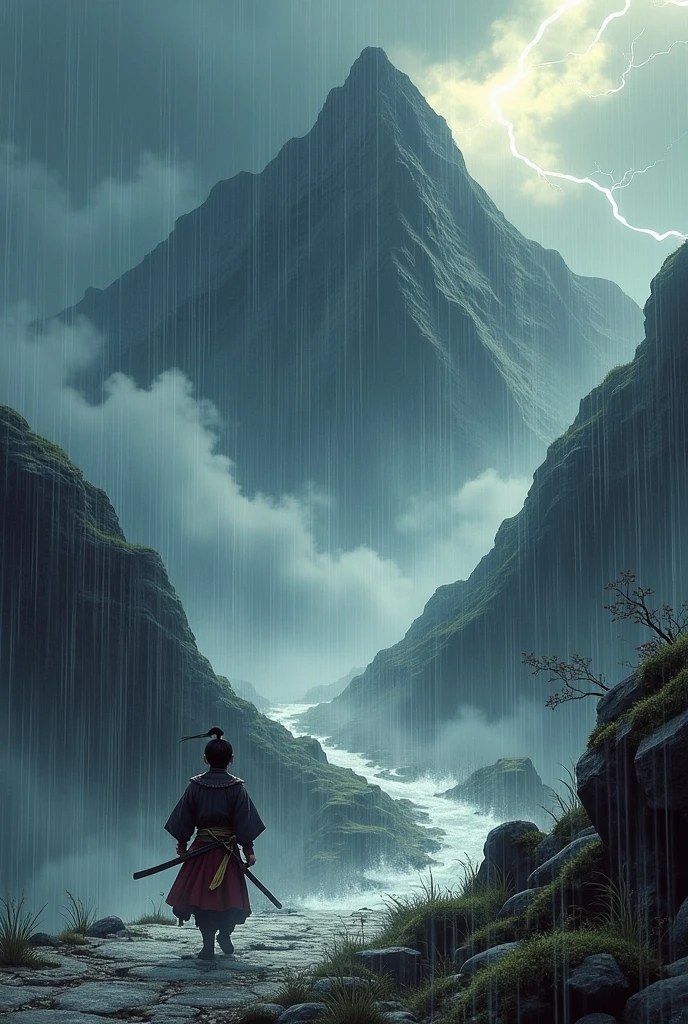 As the little samurai Hiroshi climbed the mountain, a storm started. The rain was heavy and the wind, ferocious.