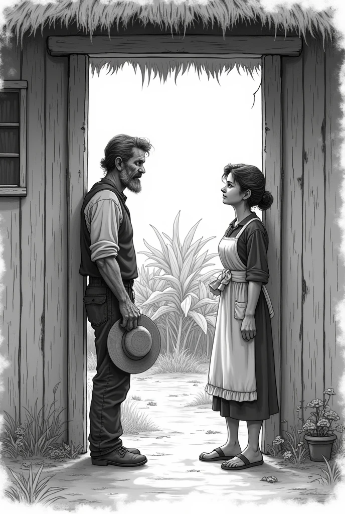 Create a black and white drawing type image ,that doesn't look realistic , about a farmer and his wife saying goodbye at the front door of the house and he heads to the banana plantation