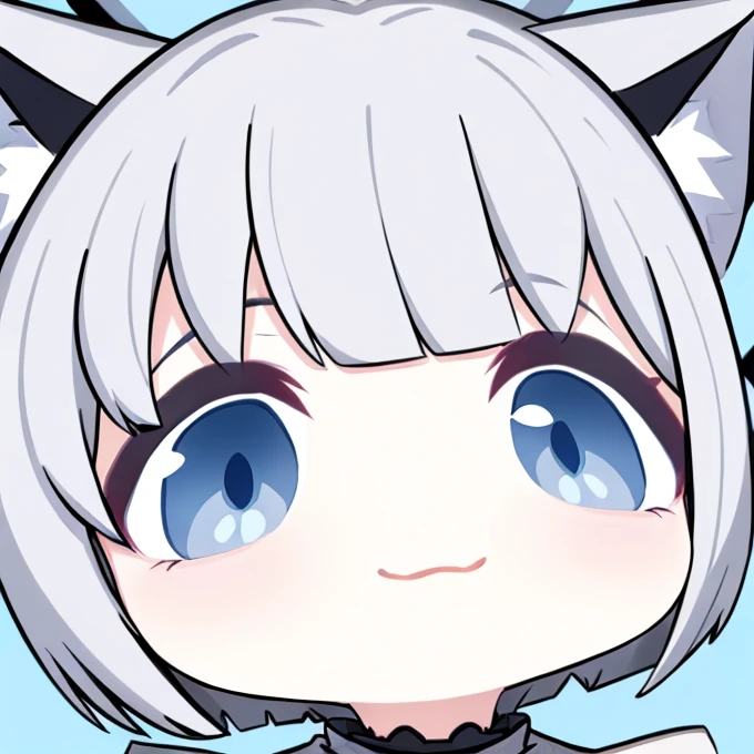 She is a cute girl with white-gray hair.(short hair)Gray eyes with a slight blue tint, wearing a maid outfit with cat ears.