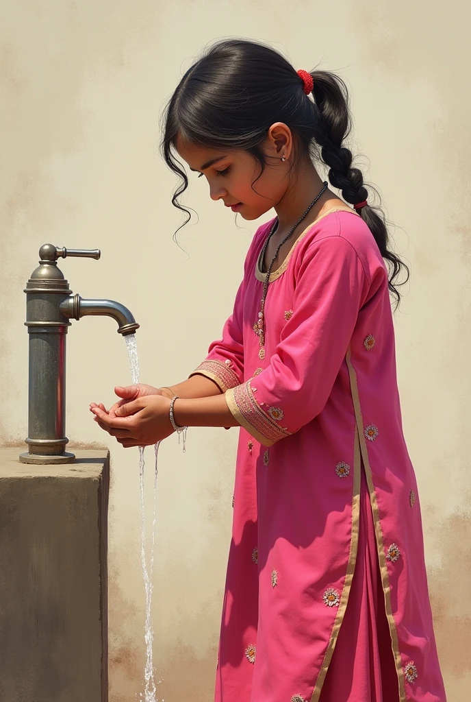 Girl pink colour ki kurti pahni hai nalka par hath dho rahi hai