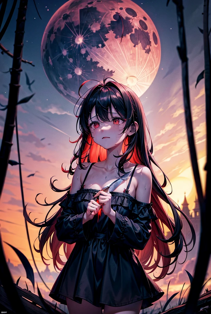 Satanic、despair、Devastation、natural disaster、middle ages、Red full moon、Woman Crying、A sad expression、Fluffy camisole、Fantasy、I look up to the sky and stab myself in the chest with a knife、Wet long black hair
