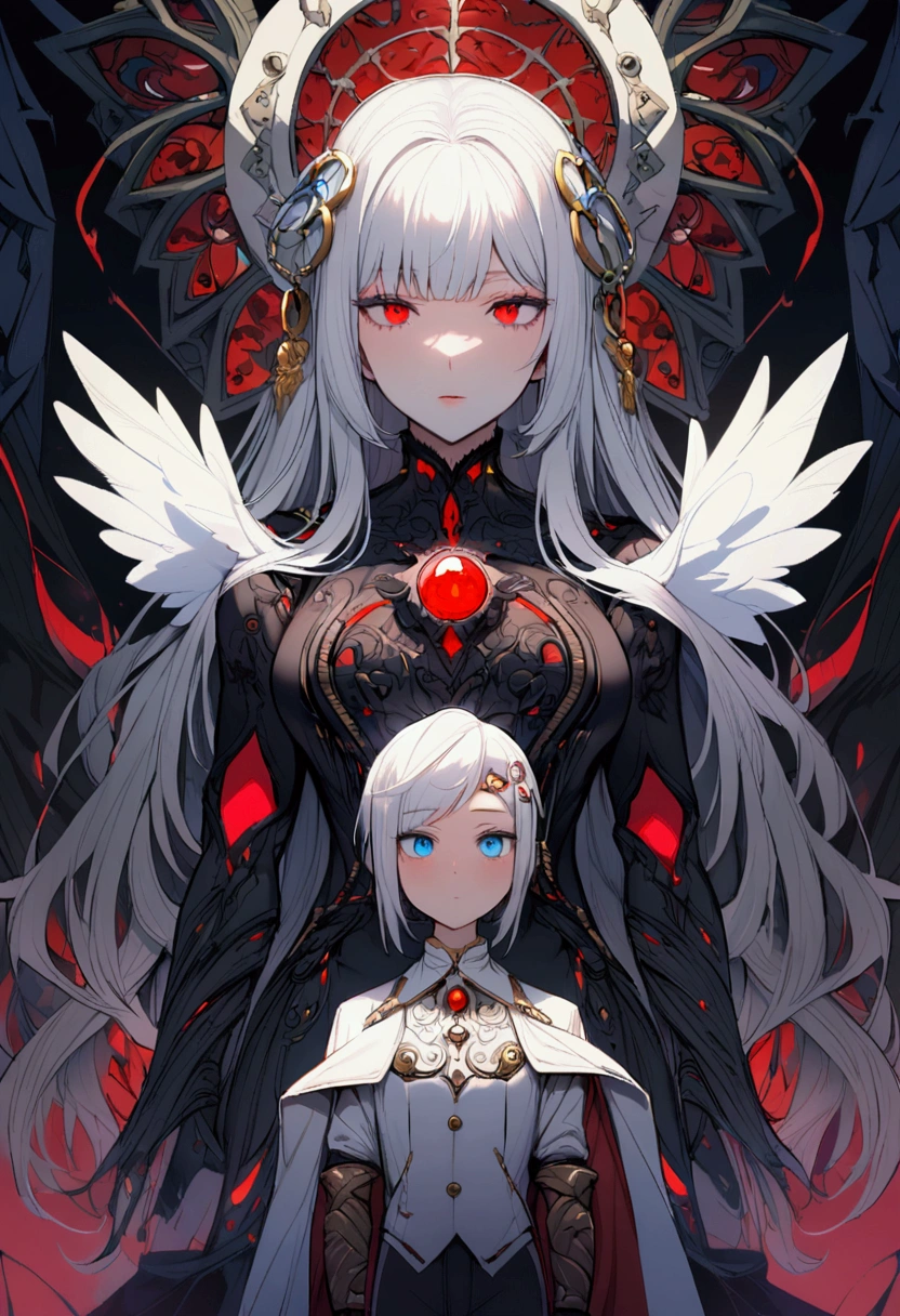 man character,Red eyes, black fur,angel head ring,White suit,next to Female Character,short white hair,blue eyes,black horny, black dress and with powers