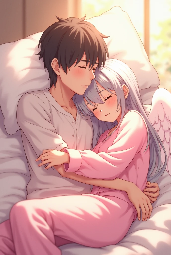 anime angel girl with in pink pajamas taking a nap with her boyfriend