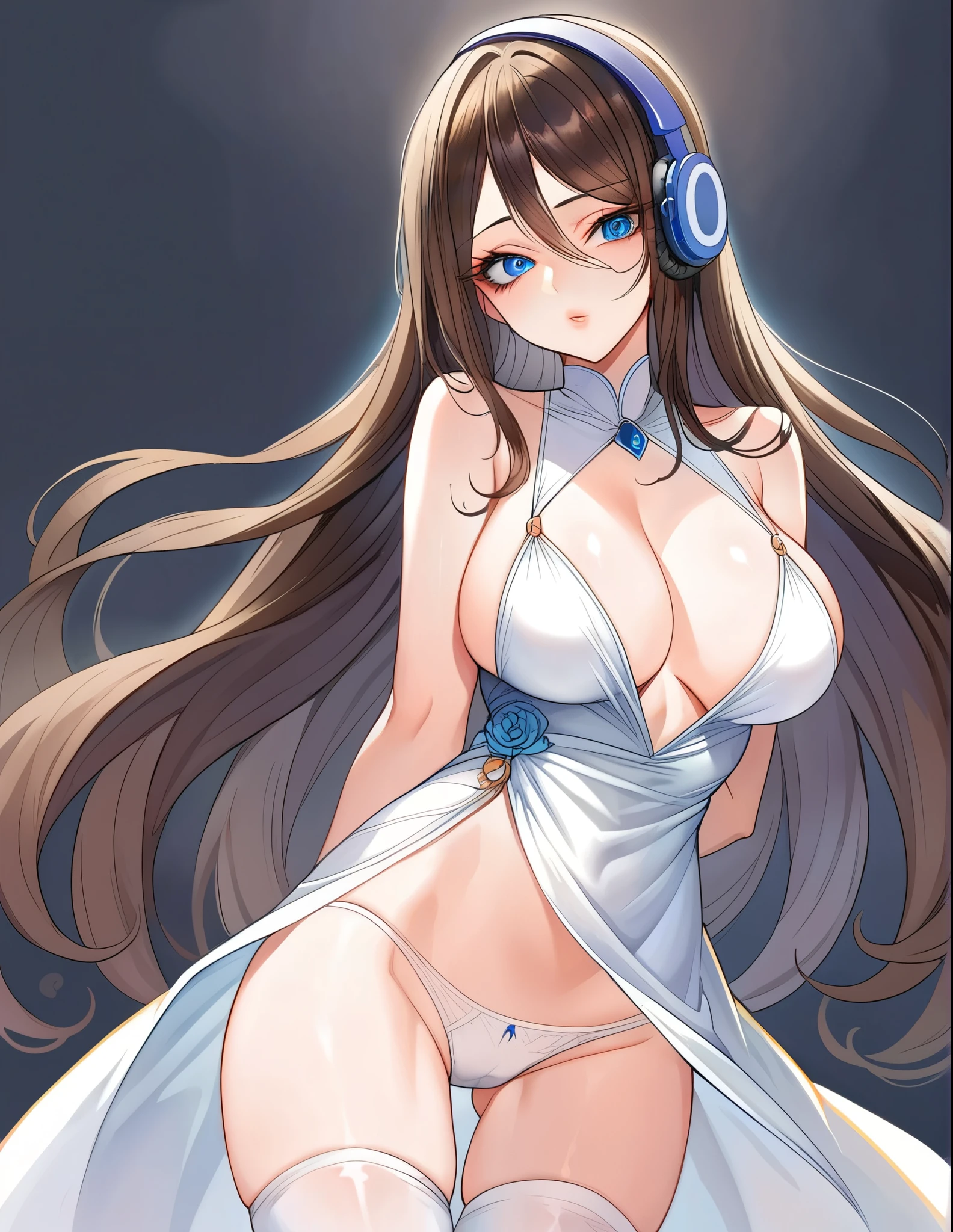1girl, elegant erotic beautiful girl, big breasts, ((brown hair)), maxi dress, adultery, indecent, vulgar, Nakano Miku, intricate details, delicate facial features, beautiful blue eyes, ulzzang, long eyelashes, small nose, full lips, porcelain skin, natural lighting, warm color palette, chiaroscuro lighting, dramatic shadows, sensual, alluring, mature themes, artistic, dreamlike, ethereal, ((arms behind back)), thigh highs, ((white panties)), sideboob, cleavage, looking at viewer, ulzzang, (blue eyes), sexy, submissive, orgasm,headphones,
