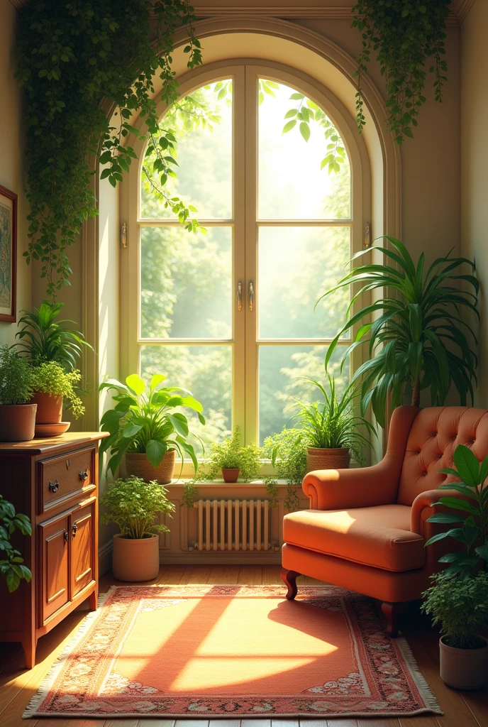 (photorealism:1.2) indoors, soft lighting, plants in background, window with sunlight, cozy room, realistic, intricate details, warm colors, by Greg Rutkowski, by Alphonse Mucha