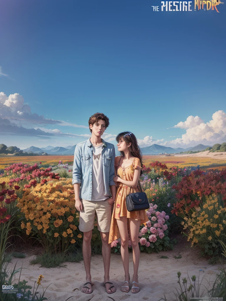 A movie poster inspired by Disney Pixar's unique digital art style. Young man with young woman in summer environment. The background should be rich in vibrant colors, complemented by meticulous textures reminiscent of Pixar's renowned animations.