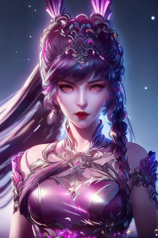 Most beautiful xianxia female protagonist,silver long hair and magenta eyes,use majestic garmen with pink fillamen,face detailed,lips detailed,thin red lips,golden rune scratch at fore head,forehead detailed,better quality, masterpiece,24K ultra hd,super beautiful detail,goddess featuring