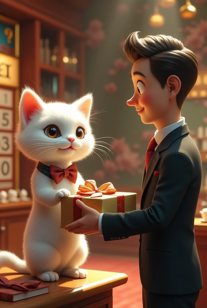 A  white cat in clothes standing inside a beautiful lottery shop receiving a prize bound from man.