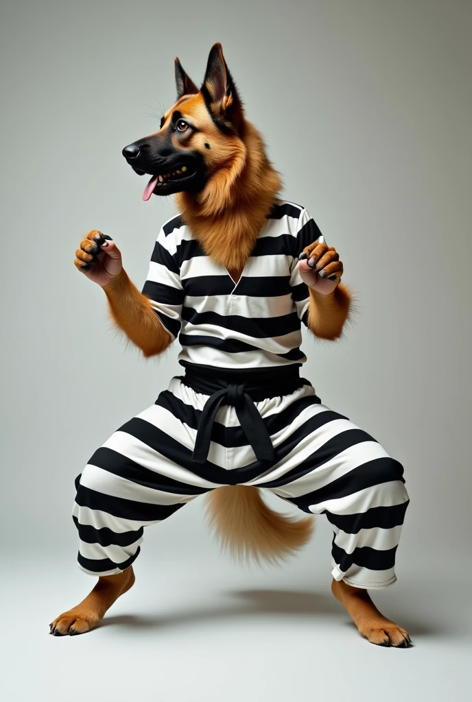 A German Shepard wearing a black and white stripes prisoner jumpsuit. Doing martial arts.
