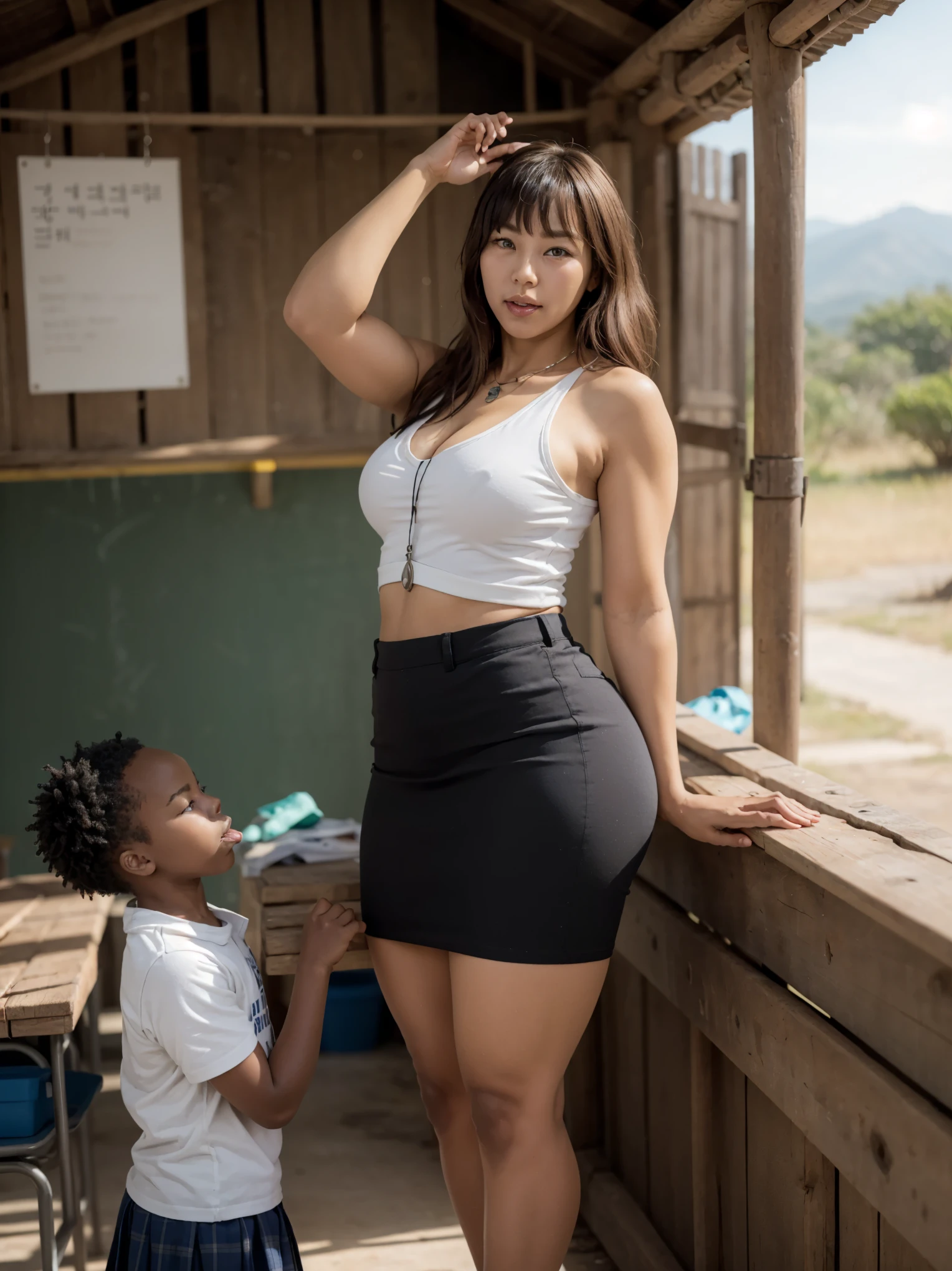 (Mature southkorean!woman & little gradeschooler african!boy), BREAK, Teacher girl, mouth open, 42yo sensual southkorean l!milf teaching in secluded poor african (gradeschool shack) deep by the Kenya forest. dark hair with bangs, lipgloss, natural make-up, simple necklace, the girl wearing sleeveless short with vest and pencil skirt, her arms behind head, fleshy milf's arms, gradeschooler homeroom teacher, standing confidently, cupboard, dirty minimalist gradeschool with 1 african!boy gradeschooler student, chatting with 1 tiny african!boy, tiny gradeschooler african!boy wearing dirty school uniform, masterpiece, best quality, best result, mature female, BREAK, scenario: the gradeschooler hitting her off, the school is really minimalist and deep in the mountain, school for the poor, BREAK, (FOCUS: MATURE FEMALE SOUTH KOREAN & TINY LITTLE AFRICAN BOY), the boy mus be african!fat_boy,