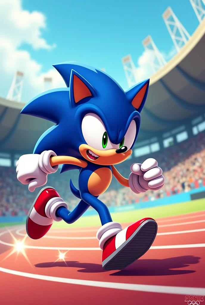 Make me Sonic at the Olympic Games in the athletics category with retro 90s cartoon style